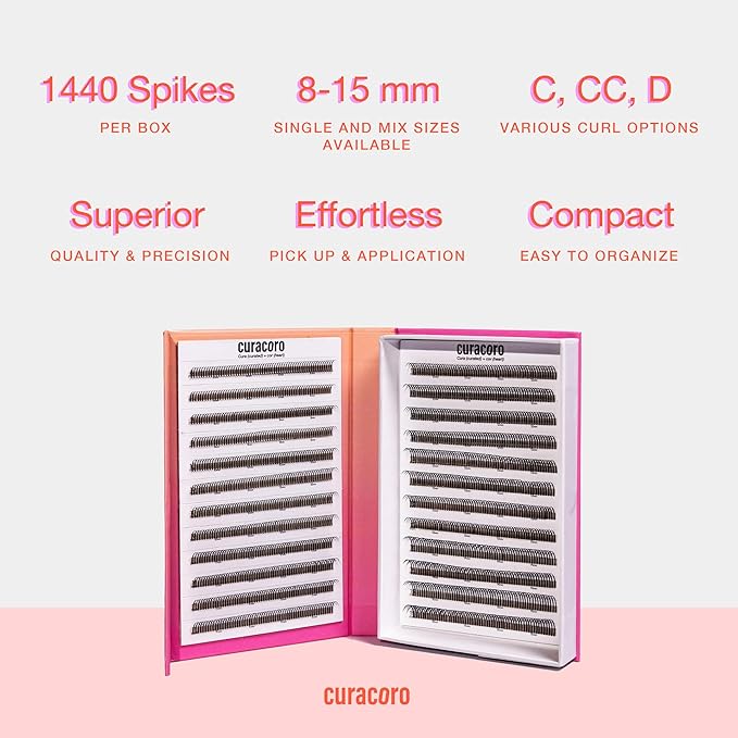 Curacoro LashFolio Wet Promade Fans, Handmade Volume Eyelashes, 5D To 10D, C CC D Curl, 0.03~0.07 mm, 8-13mm Mix Length, Professional Long-Lasting Promade Lash Fans (5D-0.07 D 8mm-13mm)