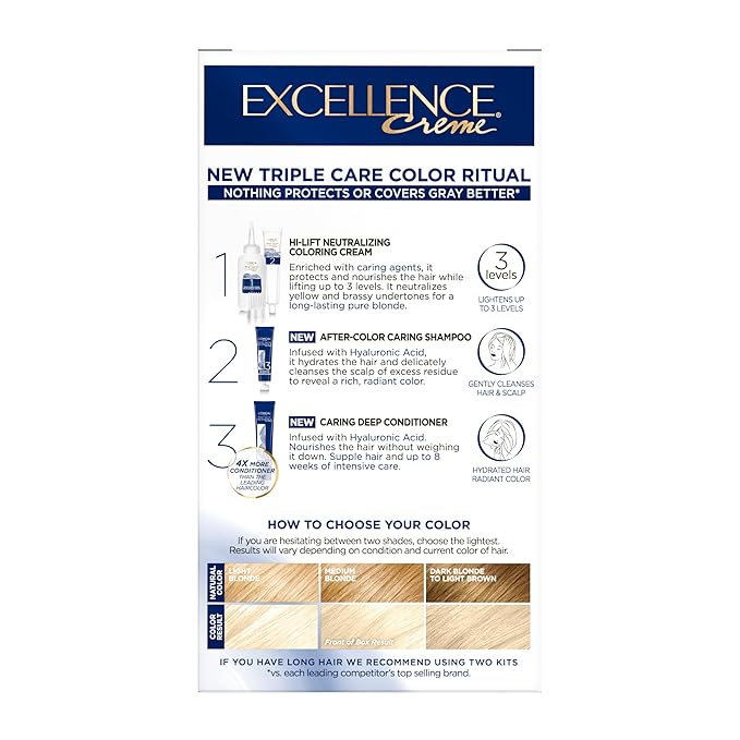 L'Oreal Paris Excellence Crème Permanent Hair Dye, Triple Care Hair Color with Hyaluronic Acid for 100% Gray Coverage, 01 Extra Light Natural Ash Blonde, 1 Kit (Packaging May Vary)