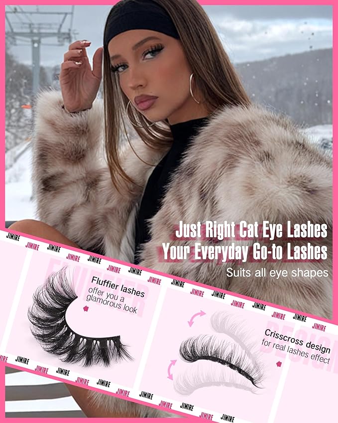 JIMIRE Mink Lashes Wispy Cat Eye Lashes Full 6D Volume False Eyelashes that Look Like Extensions 16MM Thick Soft D-Curly Fake Lashes 7 Pairs Pack