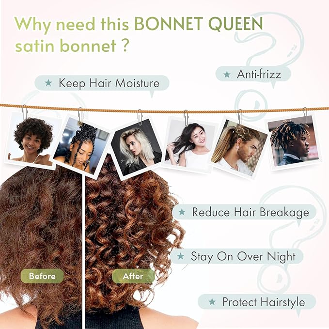 BONNET QUEEN Silk Bonnet for Sleeping Women Satin Bonnet Night Sleep Cap Wrap for Curly Hair with Adjustable Tie Band, Darkish Green