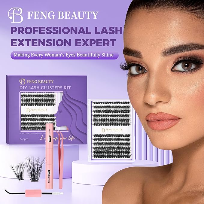 DIY Mega Volume Lash Extension Kit – 240PCS 60D/80D Fluffy Volume Lash Clusters, D Curl Eyelash Clusters with Bond & Seal, Dramatic Wispy Look, 10–16mm Mixed Lengths, Waterproof, Long-Lasting