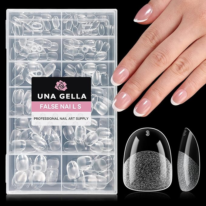 UNA GELLA Extra Short Oval Nail Tips, Pre-Etched Round Clear Fake Nails 216pcs Soft Gel Acrylic Nail Tips Full Cover False Ultra Short Gel Nail Tip for Beginners Nail Salon Extensions 12 Sizes