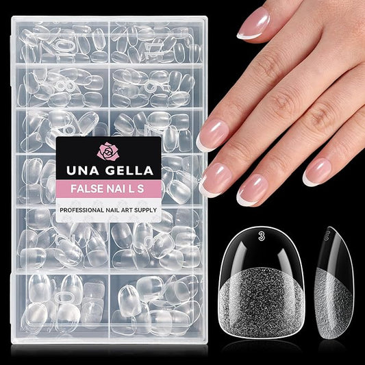 UNA GELLA Extra Short Oval Nail Tips, Pre-Etched Round Clear Fake Nails 216pcs Soft Gel Acrylic Nail Tips Full Cover False Ultra Short Gel Nail Tip for Beginners Nail Salon Extensions 12 Sizes