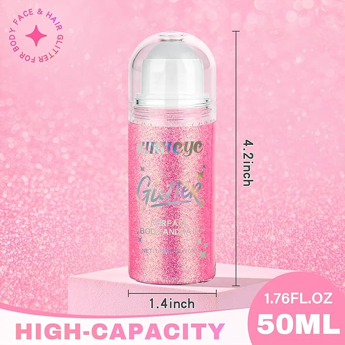 Roll-on Face Body Glitter Gel for Women, 1.69oz Large Capacity Holographic Color Changing Glitter Gel Shimmer Makeup for Singer Concert Festival Rave Accessories, #4 Holographic Pink
