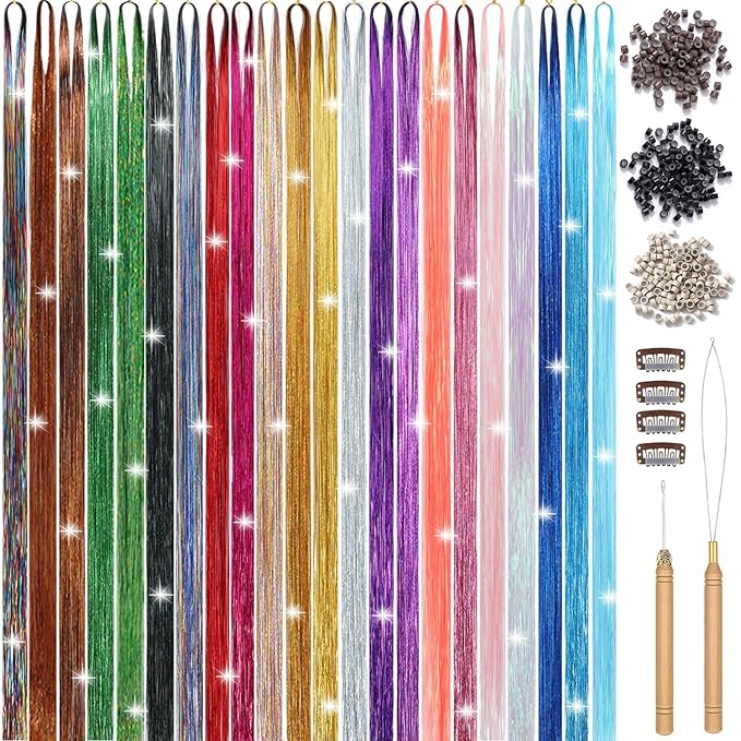 22 Colors Hair Tinsel Kit, 7800 Strands 48 Inch Glitter Tinsel Hair Extensions with Tools, Heat Resistant Sparkling Fairy Hair Accessories for July Fourth Cosplay Party Festival (22 Colors)