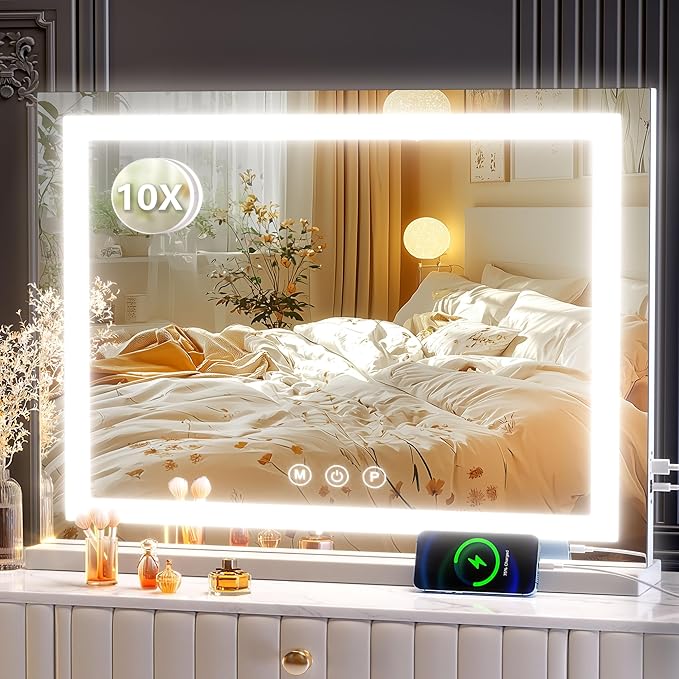 Makeup Vanity Mirror 24" x 19" Large LED Makeup Mirror, Desk Mirorr with Lights, Light up Mirror with 10X Magnification and, Dimmable 3 Modes, Touch Control White