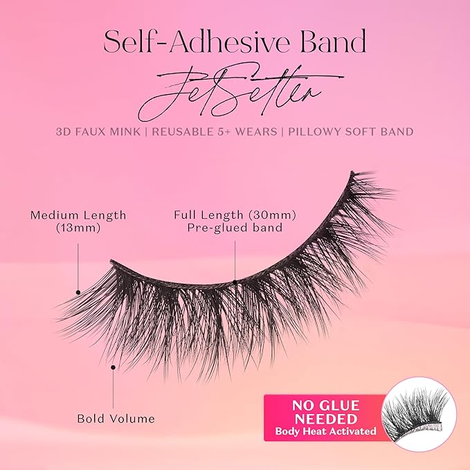 Lilly Lashes 3D Self Adhesive Eyelashes, No Lash Glue Needed, Body Heat Activated Press on Lashes, Reusable Self Adhesive Eyelashes Up to 5x, Easy to Apply & Remove (JetSetter)