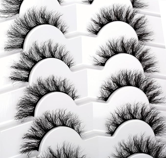 Pooplunch False Eyelashes Pre-Permed Curl Cat Eye Look Wispy Volume Natural Fake Eyelash 8D Faux Mink Strip Lashes 7 Pairs Pack