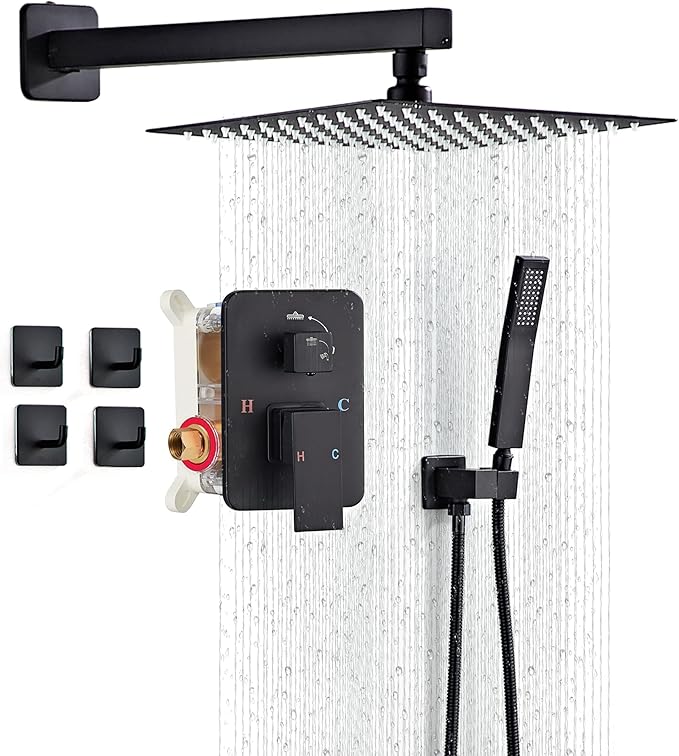 LCEVCGK Shower Faucet Set, Matte Black Rainfall Shower System Complete Wall Mounted for Bathroom with 12 Inch Square Shower Head and Handheld Shower Head Rain Mixer Combo Set