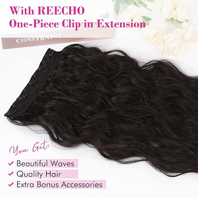 REECHO Clip in Hair Extensions, 20” One Piece Hair Extension Clip in Wefts Long Thick Beach Wavy Natural Soft Synthetic Hairpieces for Women, Black Brown