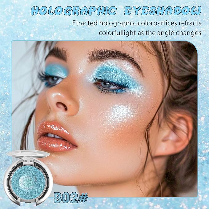 Glitter Eyeshadow,Multichrome Holographic Blue Shimmer Eye Shadow,Chameleon High Pigmente Sparkly Shadows Palette，Iridescent Metallic Eye Highlighter，Makeup for Rave，LongWear,02#