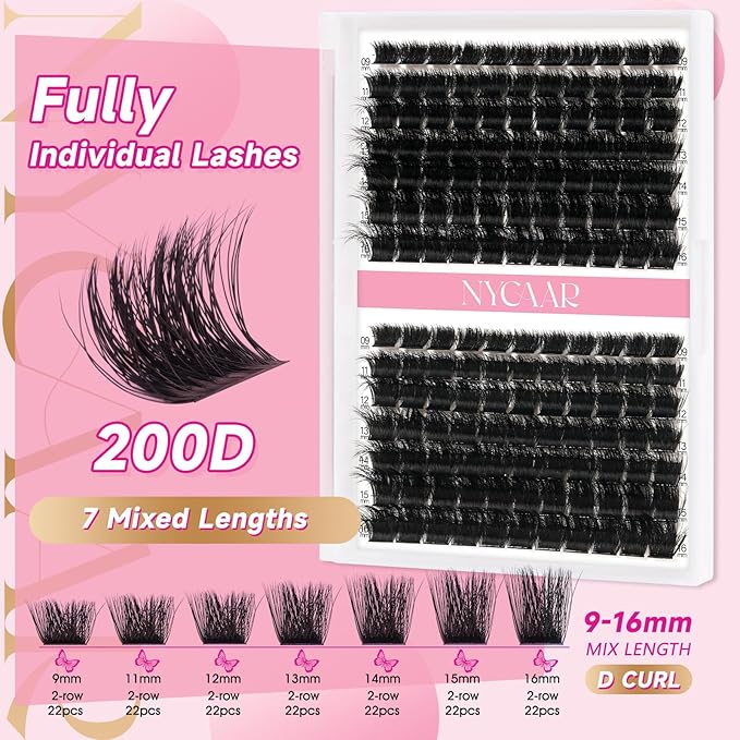 Lash Clusters 3D Effect Individual Lashes NYCAAR 154pcs 200D D Curl 9-16MIX Eyelash Clusters Wispy Lashes Fluffy Cluster Lashes Natural Soft DIY Lash Extension