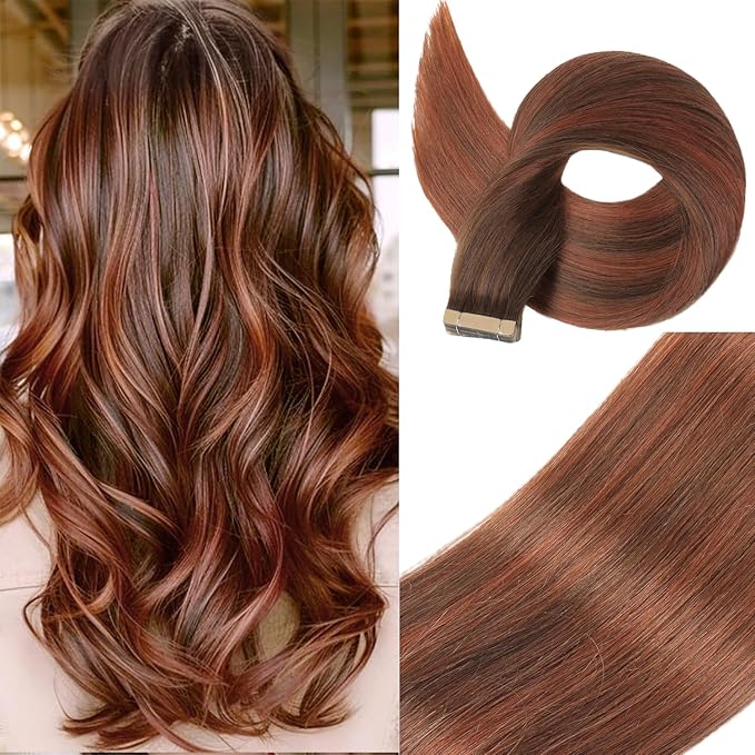 Tape in Hair Extensions Real Human Hair 24 Inch Chocolate Brown to Auburn Brown Double Sided Tape for Skin Weft Hair Extension Invisible Tape in Hair Extensions Human Hair 20pcs (#4/33/4,24 Inch)