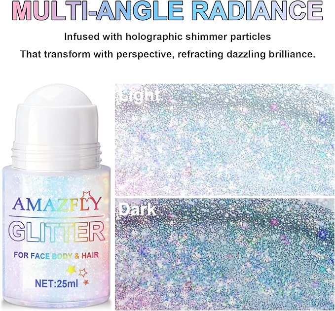 1PC Roll-on Holographic Body Glitter Gel for Body, Hair, Face, Chameleon Color Changing Glitter Gel Under Light, Chunky Mermaid Sequins Festival Party Rave Accessories Shimmer Makeup (Sparkling Pink)