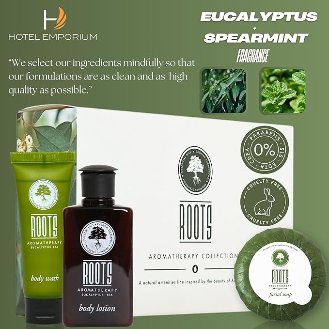 ROOTS AROMATHERAPY Travel+Essentials Shampoo and Conditioner Sets Body Wash Lotion & Soap,Guest Bathroom Essentials Toiletries Kit Bulk Mini Set Kits Sulfate Free Toiletry (10 Count)