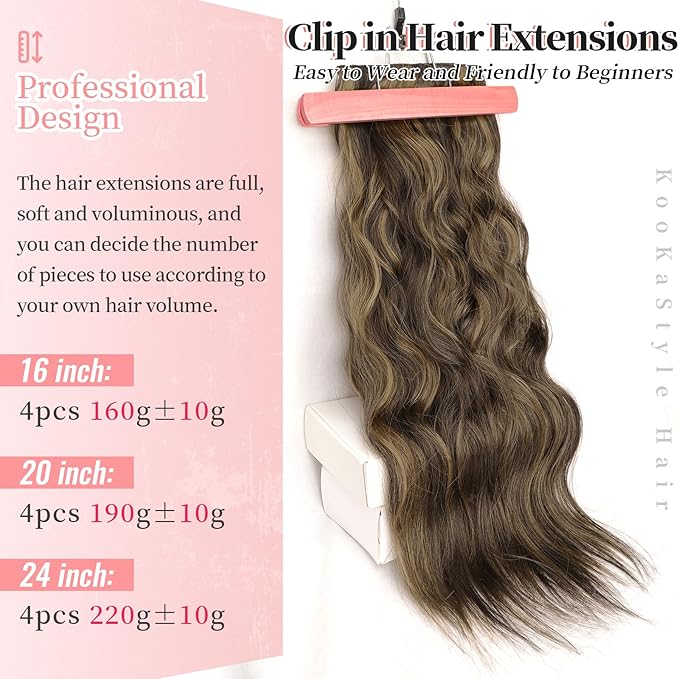 KooKaStyle Clip in Synthetic Hair Extensions Long Wavy 4PCS Thick Hairpieces Balayage Chocolate Brown to Caramel Blonde 10H26 Fiber Double Weft Natural Hair Extensions 16 Inch for Women