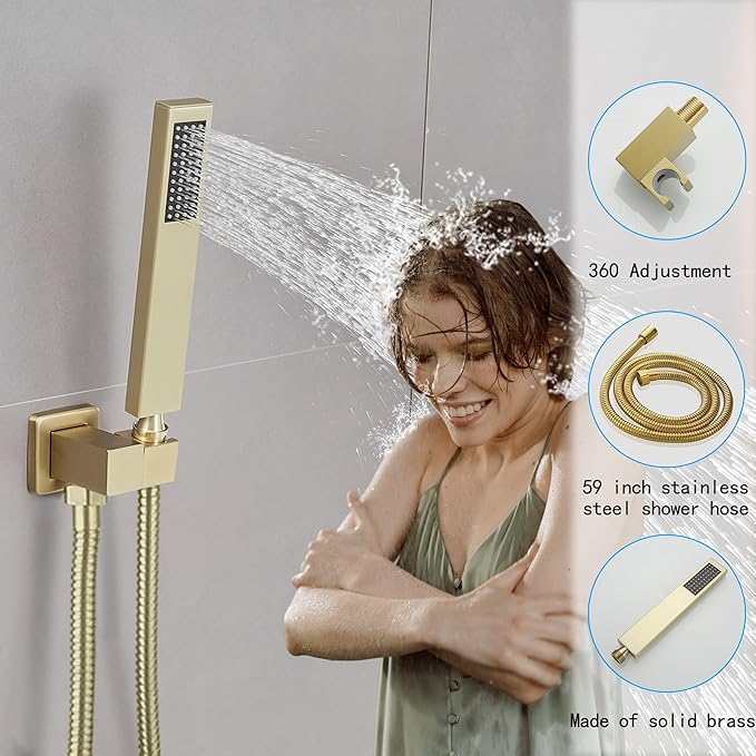 YCAIKOI Brushed Gold Shower System, 8 Inch High Pressure Rain Shower with Handheld, Wall Mount Shower Faucet Set for Bathroom, Rough-in Valve Body and Trim Included