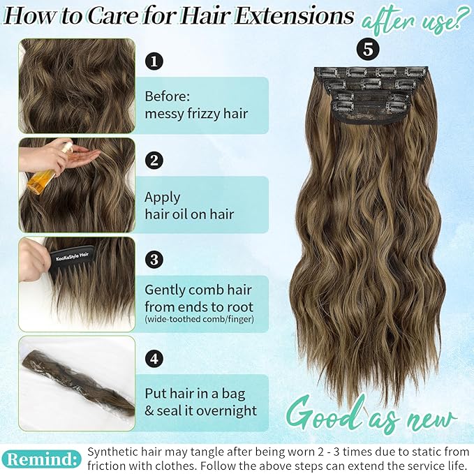 KooKaStyle Clip in Synthetic Highlight Hair Extensions Long Wavy 4PCS Thick Hairpieces Balayage Chocolate Brown to Caramel Blonde Fiber Double Weft Natural Hair Extensions 20 Inch for Women