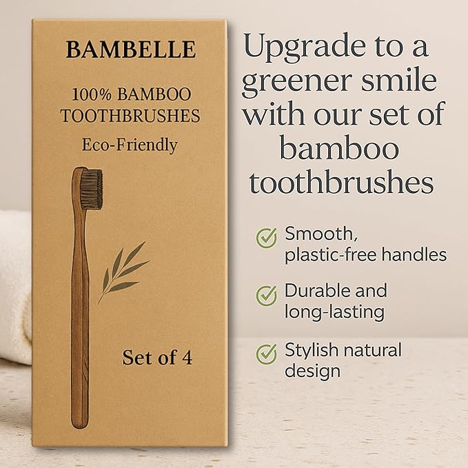 Bamboo Toothbrushes, 4-Pack Soft Bristle, Eco-Friendly, Biodegradable, Natural Wooden, Plastic-Free