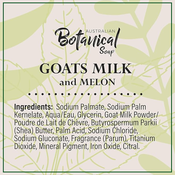 Australian Botanical Soap, Goat Milk Soap and Melon, 6.6 oz. Bars, Triple Milled Body Cleanser, Made in Australia with African Shea Butter and Native Goat Milk, All Skin Types, Pack of 8
