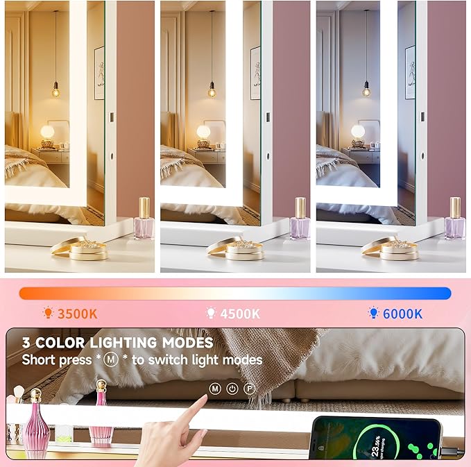 Vanity Mirror with Lights, 23" x 18" LED Makeup Mirror with 10X Magnification, Dimmable 3 Modes, Memory Function, Smart Touch, USB Charging Port, Lighted Makeup Mirror Square White