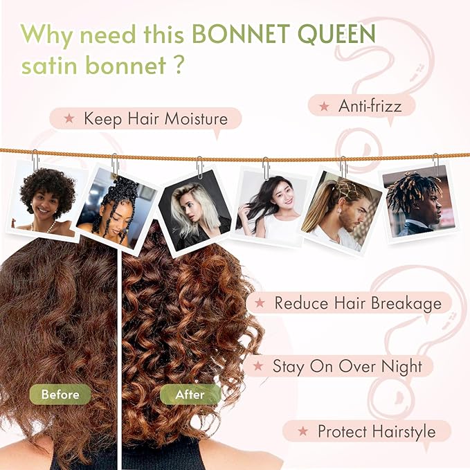 BONNET QUEEN Silk Bonnet for Sleeping Women Satin Bonnet Night Sleep Cap Wrap for Curly Hair with Adjustable Tie Band, Cream Pink