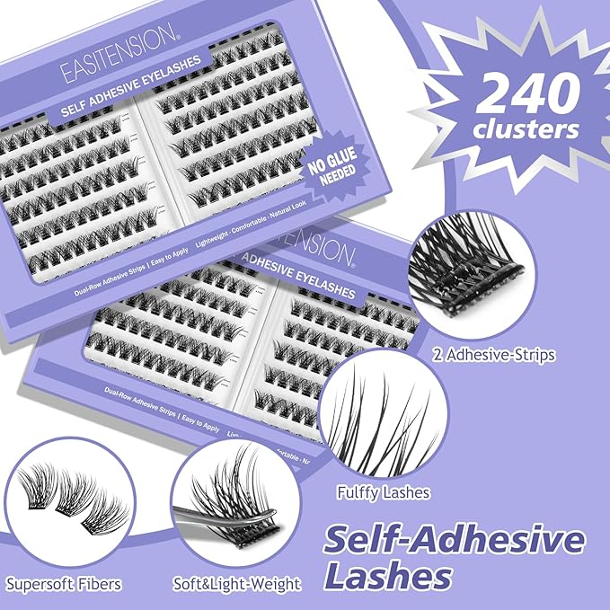 Self Adhesive Eyelashes 240 PCS Clusters Kit Lash Clusters DIY Eyelashes Pre Glued No Glue Needed No Remover No residue 8-16mm Thick Individual Lashes