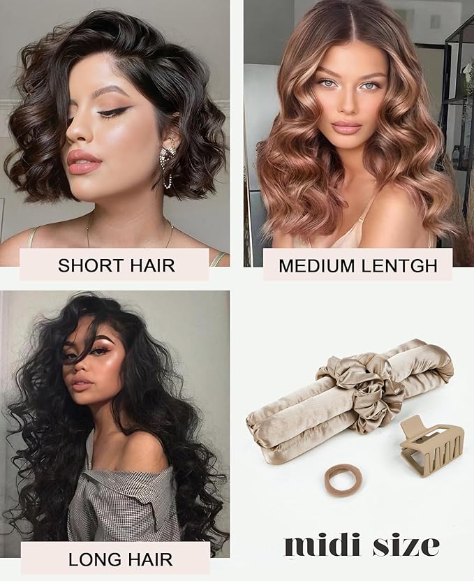 Midi Heatless Curls Overnight Hair Curlers to Sleep In Small Hair Rollers for Short Medium Hair No Heat Overnight Curls, Soft Satin Flexi Rods Heatless Curling Rod Set Styling Tools for Women