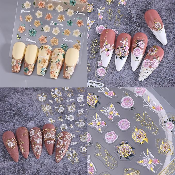 Flowers Nail Art Stickers Decal 5D Embossed Self Adhesive Flowers Nail Decals Design Pink Yellow White Daisy Peony Relief Floral Nail Stickers for Women Girls DIY Manicure Tip Decoration 3 Sheets