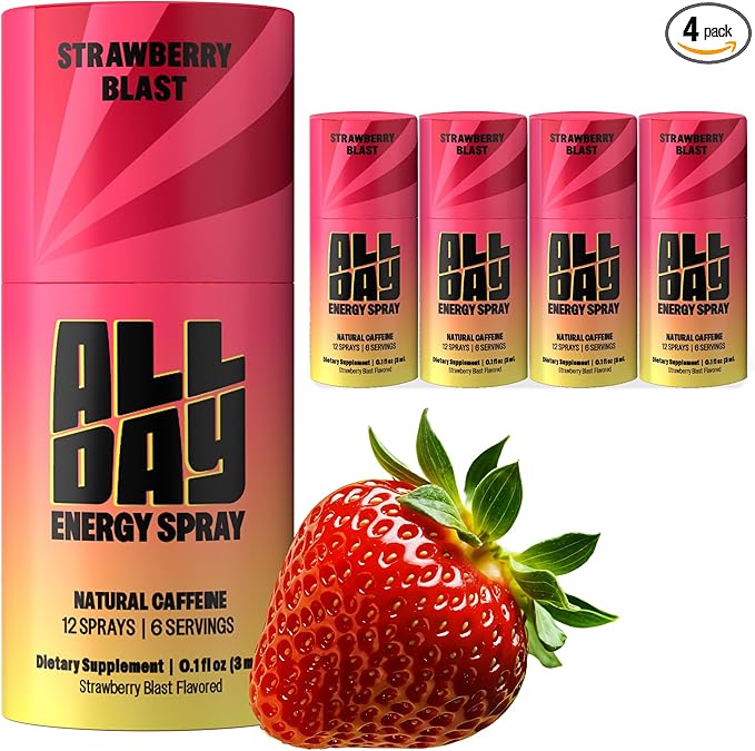 ALLDAY Caffeine Spray, Promotes Focus and Energy (Strawberry Blast, 4 Bottles, 48 Sprays) | 32mg Natural Caffeine per Spray | Pocket-Size Energy Shot with L-Theanine, Vitamin B12, & Vitamin D