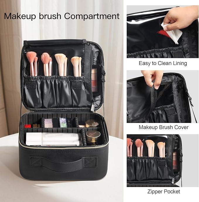 BEAUTY CASE Makeup Travel Case 10 Inch, Large Storage Capacity Makeup Organizer Travel Bag with Compartment, Portable Cosmetic Case for Women, Waterproof, Durable, Gift for Her, Black