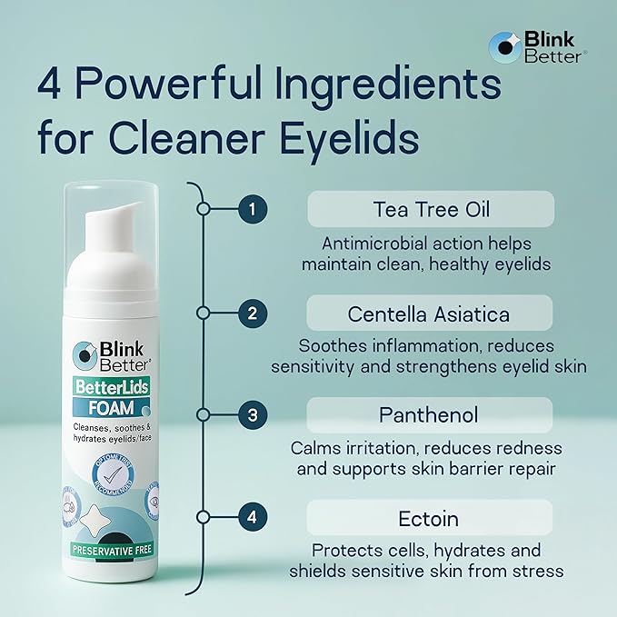 BlinkBetter BetterLids Eyelid Foam Cleanser – Tea Tree Oil Face & Eyelid Wash with Ectoin, Centella, Beta Glucan & Panthenol – 4-in-1 Hydrating, Soothing, Purifying Formula – 2 oz- Preservative Free