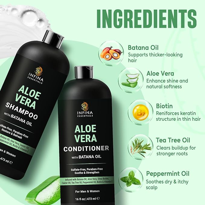 INFINA ESSENTIALS Aloe Vera Shampoo and Conditioner Set | 16 fl oz Each | with Batana Oil | Hydrating, Soothing & Moisture Balance Formula | Nourishing Care for Dry, Itchy or Sensitive Scalp