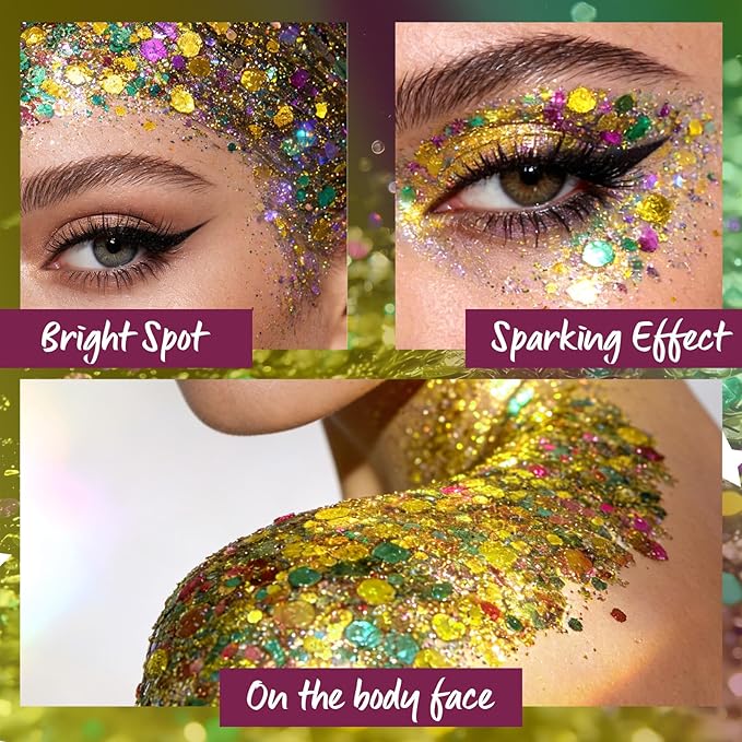 Mardi Gras Body Glitter Gel, Mardi Gras Outfit Body Glitter for Face Body Hair, Chameleon Color Changing Glitter Gel for Rave Party Mermaid Sequins Festival Accessories Shimmer Makeup #13