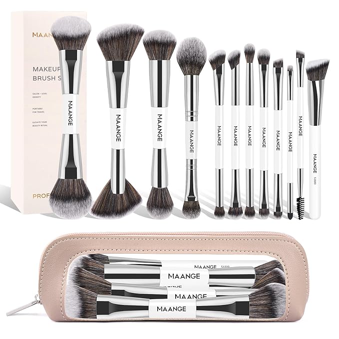 MAANGE Makeup Brush Set 23-In-12 Pcs Essential Foundation Makeup Brushes for Powder Concealers Eye Shadows Blush Make Up Brushes with Travel Makeup Case - Silver