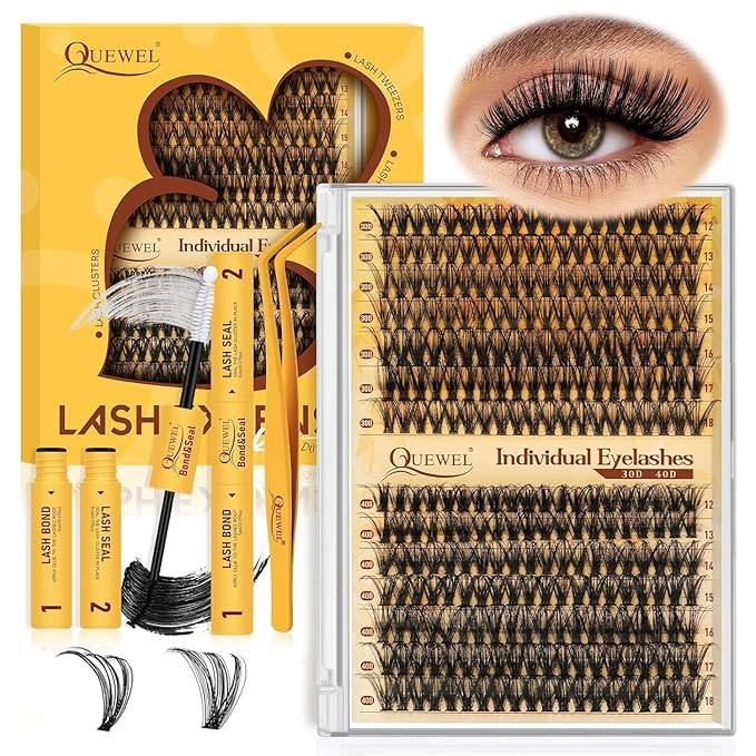 QUEWEL Lash Clusters, 280PCS 30+40D Lash Clusters Kit Mixed 2 styles 10-16mm, Thick Eyelash Clusters with Bond And Seal lashes clusters Glue and Lashes Tweezers Easy DIY at Home(D-30D+40D)