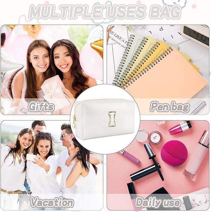 URSKYTOUS Gifts for Girls Initial Makeup Bag Personalized Cosmetic Bag with Zipper Cute Travel Toiletry Bags Waterproof PU Preppy Makeup Pouch Birthday Gift for Teen Girls Women(White I)