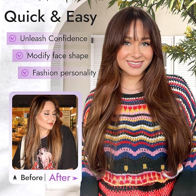 Long Brown Highlight Wig with Bangs for Women,4x4 Realistic Scalp,Free Parting,Layered Hairstyle Synthetic Heat Resistant for Daily Party Use 26 inch