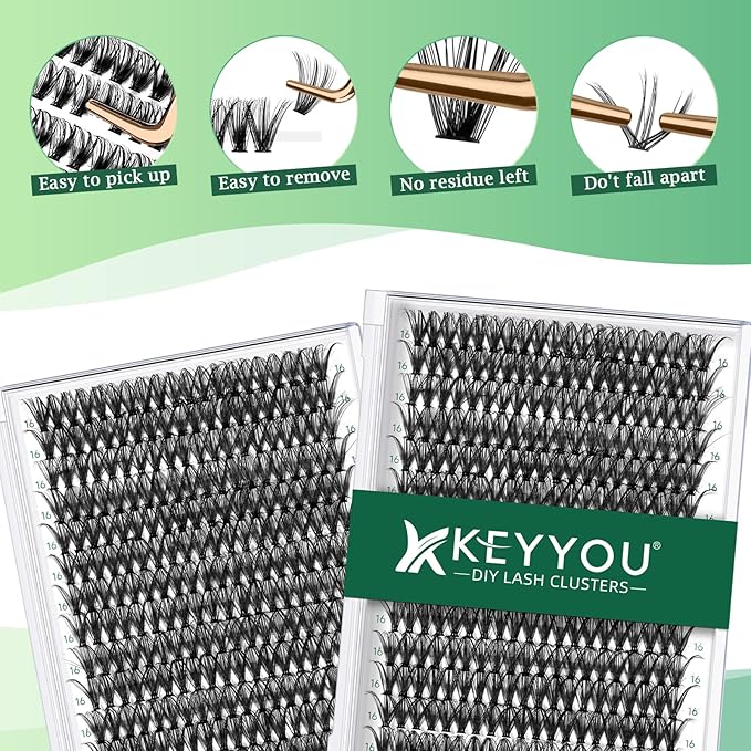 Lash Clusters 300pcs Individual Lashes 40D 0.07D Curl 16mm DIY Eyelash Extension KEYYOU Large Tray Volume Soft&Natural Cluster Lashes(40D-0.07D,16）