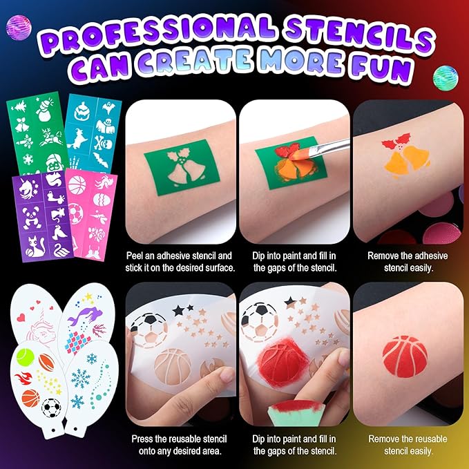 Face Painting Kit for Kids, Non-Toxic and Hypoallergenic Face Paint Makeup Kit| with Stencils, Book, Easy to Use and Safe for Kids, Fun for Halloween, Birthday Party, School Event