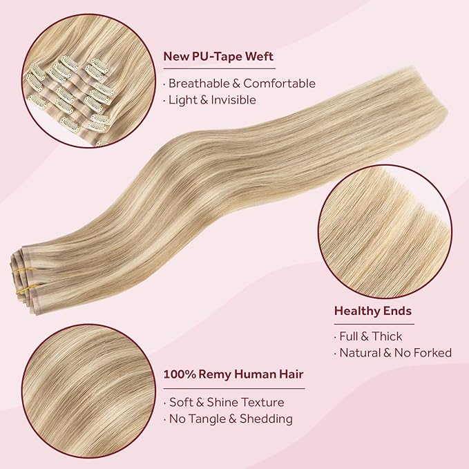 Clip in Hair Extensions Real Human Hair Seamless Clip Ins 100% Remy Hair Extensions PU Weft Golden Blonde Mix Light Blonde Thick&Invisible #P16A/22A 22Inch 120G 8PCS