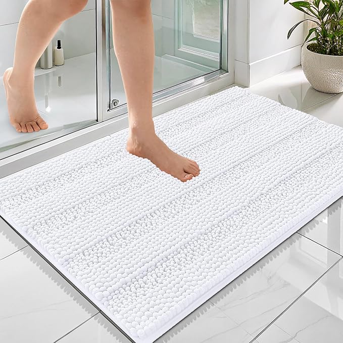 OLANLY Thick Bathroom Rugs 36x24, Extra Soft Absorbent Chenille Striped Bath Rugs, Rubber Backing, Machine Wash Dry, Bath Mats for Bathroom Floor, Tub and Shower, Home Decor Accessories, White