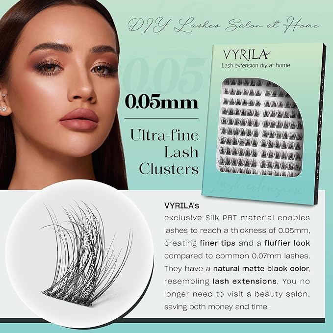 Lash Clusters 0.05mm Individual Lashes, 3D Wispy Lashes Clusters, 0.1mm Super Thin Band Resuable Natural Lashes,D Curl Faux Mink Lashes,144pcs Lash Extension (Green Vivid-D-0.05-8-16mix)