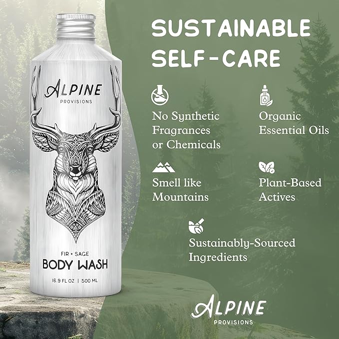 Alpine Provisions Natural & Organic Body Wash with Fir & Sage – Moisturizing Shower Gel with Aloe Vera, Coconut Oil & Essential Oils – Vegan, Sulfate-Free, Plastic-Free – 16.9 fl oz