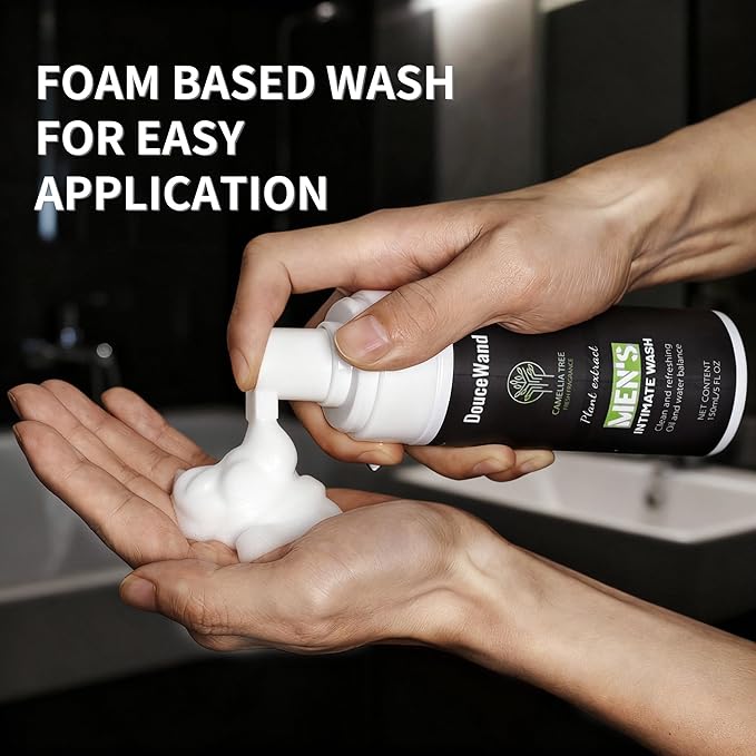 DouceWand Men's Intimate Wash - Foaming Groin Cleanser for Daily Hygiene & Odor Control - Enriched with Tea Tree Oil, Aloe & Camellia Extract - pH Balanced, Refreshing Body Wash for Athletes - 5 Fl Oz
