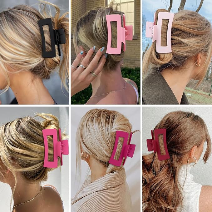 4 Inch Big Hair Claw Clips 6 Pcs Large Claw for Thick Hair Square Hair Clips for Women Rectangle Hair Clips Nonslip Acrylic Banana Jaw Clips Hair Accessories for Girls (Pink)