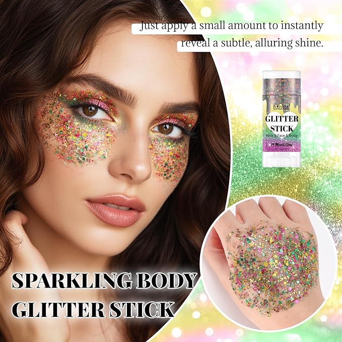 DAGEDA Mardi Gras Gold Body Glitter Stick, Sparkly Face Glitter Makeup, Shimmer Face Paint Stick for Mardi Gras Accessories, Holographic Gold Purple Green Glitters Carnival Outfits for Women