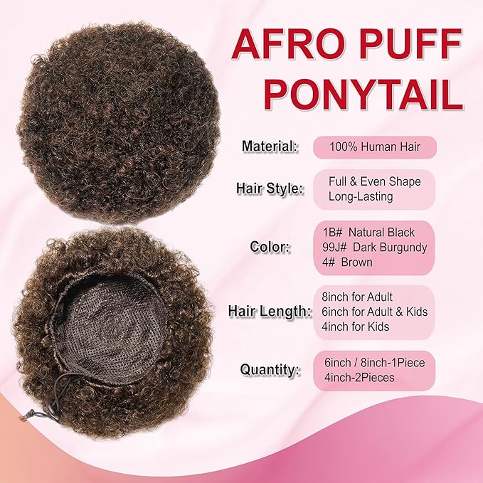 Afro Puff Drawstring Ponytail Extension Wigs for Black Women Girls, Virgin Human Hair Medium Brown 4# 8 Inch Afro Puff Ponytail Kinky Curly Hair Bun Human Hair Hairpieces Clip in Hair Extensions Wigs