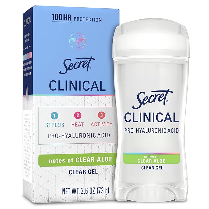 Secret Clinical Strength Antiperspirant Deodorant for Women, 100hr Sweat & Odor Protection, 3X Stress Protection with Pro-Hyaluronic Acid, Ph Balancing Minerals, Clear Gel, Clear Aloe Scent, 2.6 oz