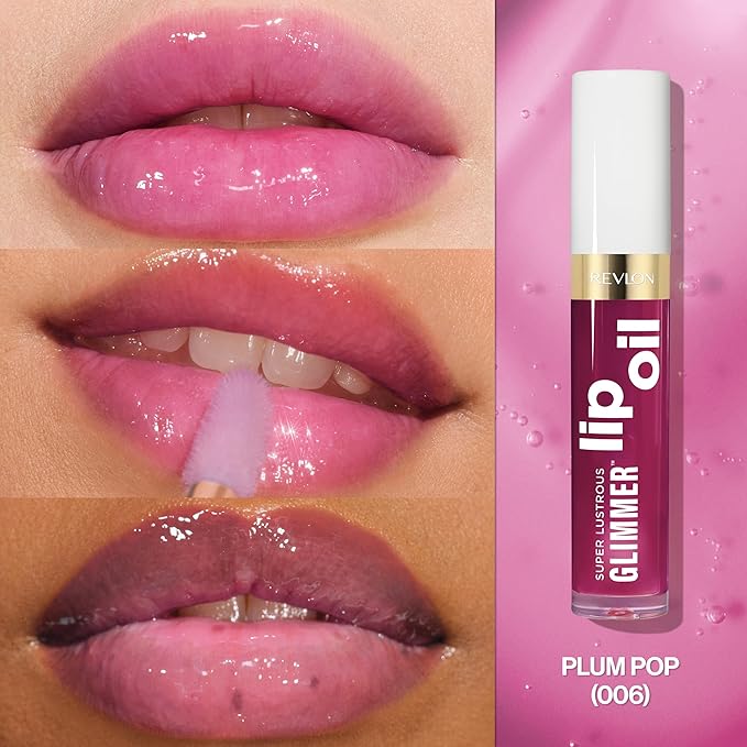 REVLON Super Lustrous Glimmer Lip Oil, Moisturizing & Tinted, Shiny Finish, Made with Plant-Based Squalane, 006 Plum Pop, 0.13 fl oz